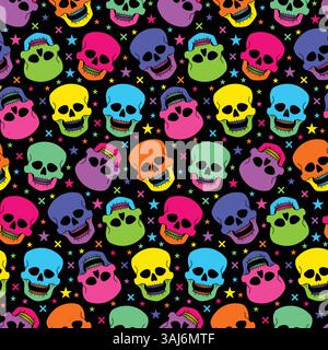 Seamless pattern with all colorful neon human skulls. Holiday ornament Mexican style for gift wrapping paper. Carnival vector on black background Stock Vector