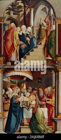This altarpiece illustrates scenes from the life of the Virgin Mary ...