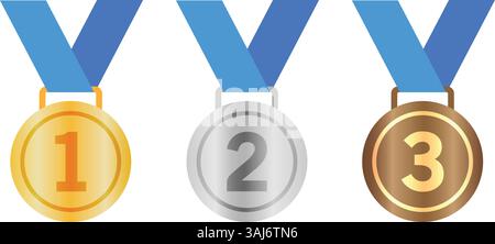 Gold, Silver, Bronze Medal Set Vector – 1st, 2nd, 3rd Place Award Icons with Blue Ribbons for sports apps and websites Stock Vector