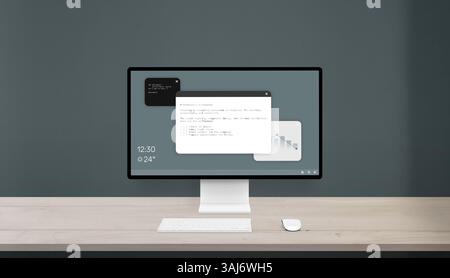 Modern work environment focused on coding and productivity planning, flat desk setup with computer screen and room for promotional content Stock Photo