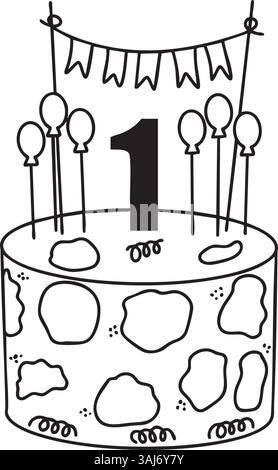 A line art illustration of a birthday cake decorated with 1 candle and various circular patterns Stock Vector