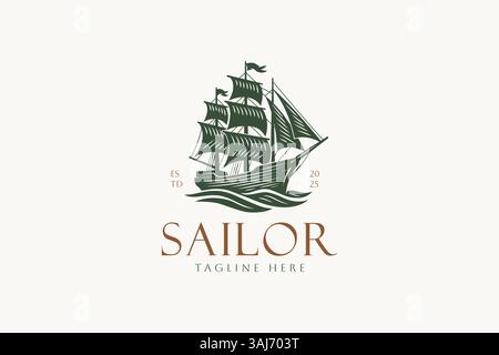 Elegant Nautical Logo Featuring a Sailboat and Ocean Illustration for Maritime Branding Stock Vector