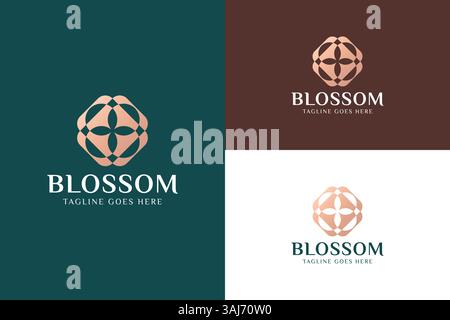 Elegant Ornate Blossom Logo Featuring a Geometric Floral Pattern in Radiant Gold Design Brand Stock Vector