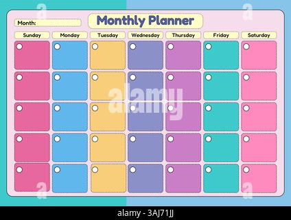 Monthly planner template with a blank calendar grid, weekdays labeled, and space for notes and tasks on a pastel background. Ideal for organizing Stock Vector