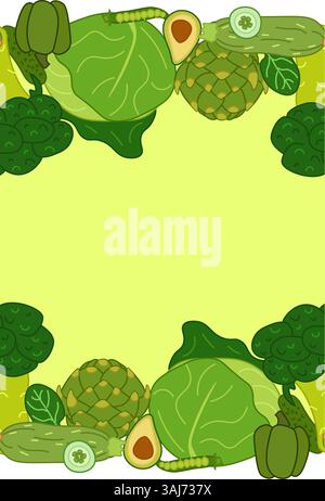 Green vegetables frame seamless horizontal border. Vector flat illustration for cards, food design, recipe, cook book, packages, menu, food ads and de Stock Vector