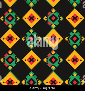 African native seamless pattern in red, yellow, green colors with rhombuses squares and geometric shapes. Ornate for printing, wrapping and packaging. Stock Vector