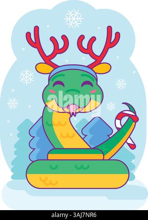 Friendly snake reptile hugs toy Christmas tree decorated with colorful balls. Symbol of 2025 Chinese calendar year. Cartoon vector illustration on blu Stock Vector