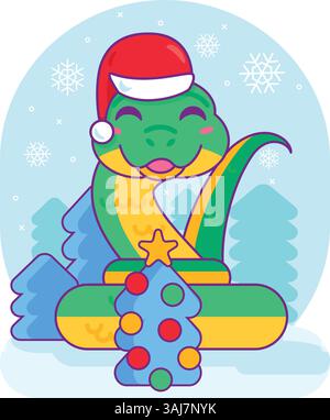 Friendly snake reptile hugs toy Christmas tree decorated with colorful balls. Symbol of 2025 Chinese calendar year. Cartoon vector illustration on blu Stock Vector