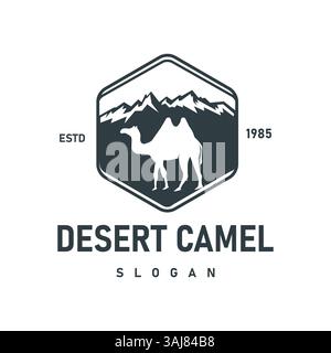Desert Camel Vector Logo Mountain Silhouette Hexagon Shape Perfect For Adventure, Desert Travel, or Middle Eastern Culture Stock Vector