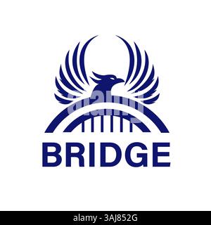 Minimalist Bridge Logo Design with Open-Winged Phoenix Bird Vector Illustration Stock Vector