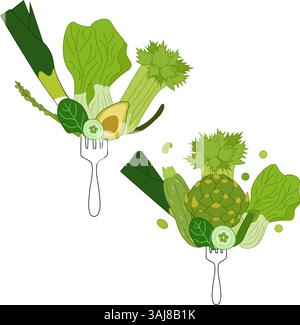 Vegan Food green veggies on fork. Flat vector composition set. Healthy Eating And Plant Based Diet. Vegetarian Nutrition Concept. For logo, web, packa Stock Vector