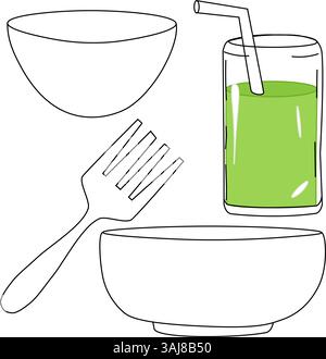 Dish fork bowl glass set sketch. Flat outline vector illustration for package, kitchen design, fabric and textile. Stock Vector