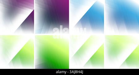 Eight abstract backgrounds with blurred light patterns and contrasts of shadowy and brightly lit geometric shapes. The soft colors and smooth transiti Stock Vector