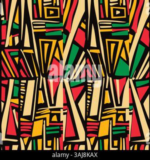 African ethnos seamless pattern in red, yellow, green colors with abstract straw and geometric elements. Ornate for printing, wrapping and packaging. Stock Vector