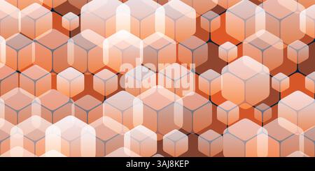 A geometric pattern of repeating cubes of various sizes on a hexagonal grid and with subtle orange and gray gradients. The 3D effect adds depth, creat Stock Vector