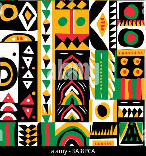 African geometric seamless pattern in red, yellow, green colors with checkered tiles of pieces of colored ceramics. Ornate for printing, wrapping and Stock Vector