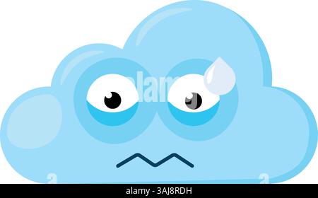 Blue disappointed Emoji Cloud with bead of sweat on forehead. Design element for children weather forecast. Funny kids icon. Simple cartoon vector ele Stock Vector