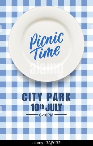Empty white ceramic plate on blue checkered tablecloth or plaid. Picnic banner, poster background. Cooking, flatware, serving dishes design elements. Stock Vector