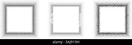 Black stippled square frame set. Dotted gradient border collection. Squared picture holders for banner, copy space, collage, emblem, poster, template, box. Stipple frame element bundle. Vector Stock Vector