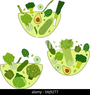 Salad bowl with fresh tasty vegetables set. Green spinach, tomatoes, red onion, cucumber, and yellow pepper. Healthy and beneficial food. Flat vector Stock Vector