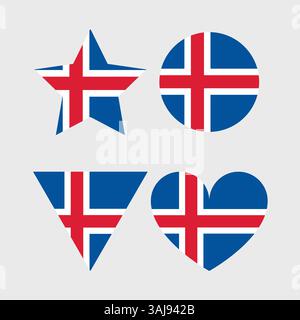 Iceland Flag icon. Official vector Icelandic flag icons set in the shape of heart, star, circle and map Stock Vector