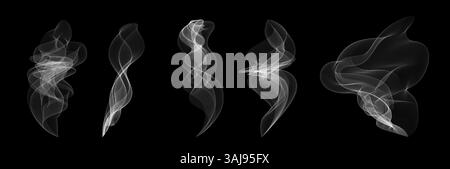 Realistic transparent steam and smoke set. White swirling vapors for tea, coffee, food or fire effects. Vector illustration with glowing texture. Isolated icons for heat, cooking or spooky designs. Stock Vector