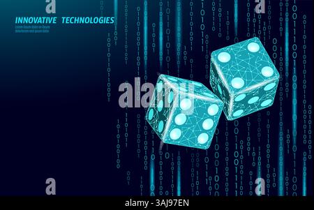 Abstract dice technology background. Geometric dice polygons digital numbers raining. Suitable gambling blockchain crypto investments. Dark backdrop Stock Vector