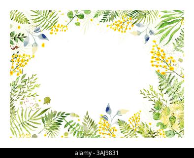 Hello Summer. Watercolor Leaves Frame and mimosa branches. hand drawing. Not AI Vector illustration Stock Vector