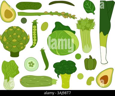 Set of ripe green vegetables. Avocado, cucumber, green onion, sweet pepper, broccoli, asparagus. Vegetarian eco organic food. Flat vector design, isol Stock Vector