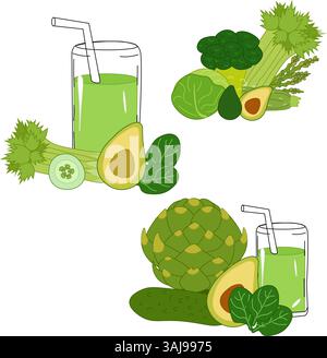 Smoothie green healthy juice fresh diet set. Organic vegetable shake smoothie. Green fruits and vegetables mix in glass jar. Vector flat composition. Stock Vector