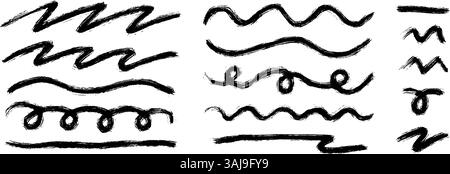 Long and short wavy paint line set. Zig zag and undulate sketch brush stroke collection. Rough charcoal curved stripes for highlight, underline, emphasis, accent. Vector hand drawn crayon chalk strips Stock Vector
