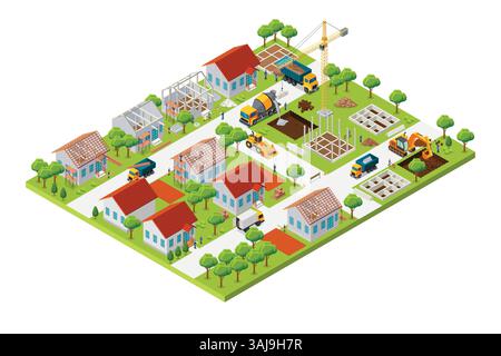 A vector illustration of Isometric House Construction Development Industry Stock Vector