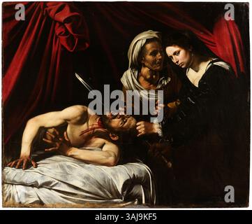 This painting depicts Judith beheading Holofernes, a dramatic scene ...