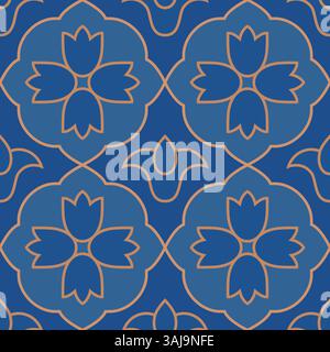 Enamel style geometric color seamless pattern. Old vintage ceramic tile turkish background. Oriental style blue bell vector illustration. Stock Vector