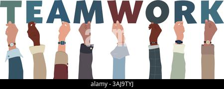 Raised hands of diverse people holding letters forming the word TEAMWORK. Business collaboration concept. Transparent background Stock Vector