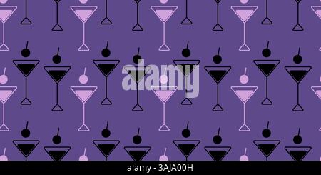Abstract Martini glasses Icon Seamless Pattern Pink and Dark on violet Background Bartender Day fond. Isolated Vector Graphic design Print materials, banner, poster, bar wallpaper, menu cards, leaflet Stock Vector