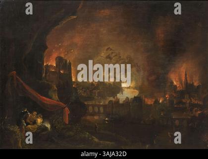 Painting by Daniël van Heil depicting Lot and his daughters fleeing from the burning city of Sodom, with the flames visible in the background. The work is an oil on panel, created between 1624 and 1662, housed at the Musées communaux de Verviers. Stock Photo