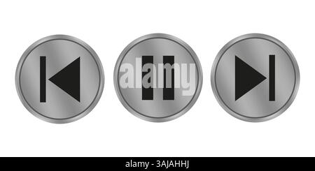 Rewind pause next. Silver media icons. Vector control symbols. Dark glossy buttons. Stock Vector