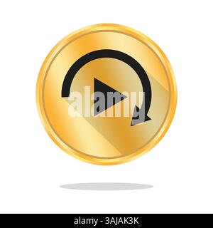 Repeat play icon. Golden glossy circle. Vector media button. Curved arrow shape. Stock Vector