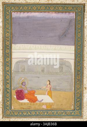 This painting portrays the Hindu deities Vishnu and Lakshmi seated on a ...