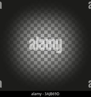 Centered light shape. Dark round gradient. Transparent vector glow. Checker pattern overlay. Stock Vector