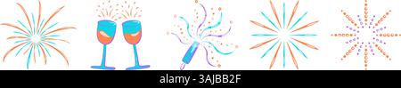 Holiday item set, fireworks, sparkling wine, streamer popper. Salute, sparkle and petard signs. Vector color glossy icon set for festive events and ho Stock Vector