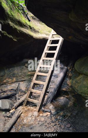 Wood ladder going up from a rocky stream bed through a narrow hole in a rock, Shades State Park, Indiana Stock Photo