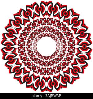 Radial pattern structure. Repeating red target. Circular decorative frame. Vector symmetry shape. Stock Vector