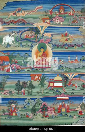 This 18th-19th century painted Jataka Thangka from Bhutan depicts scenes from the life-cycle stories of the Buddha, known as the Jatakas. The Thangka is an example of Tibetan silk painting and includes Buddhist deities and mandalas. Stock Photo