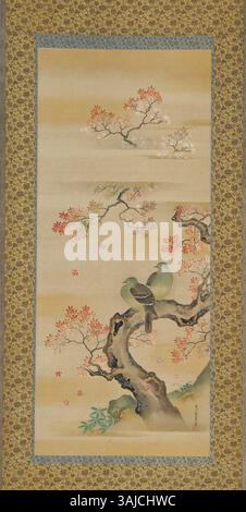 This 1862 silk painting by Kanô Shunsen Tomonobu shows blue pigeons perched on an autumn maple tree. A gift from the 1862 embassy, it exemplifies traditional Japanese art with a focus on nature and seasonal beauty. It is displayed at the Musée national du château de Fontainebleau. Stock Photo