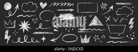 Arrow line chalk brush hand drawn sketch element set. Grunge square, heart, arrow element scribble line brush hand drawn pencil sketch. Texture chalk, crayon pencil style. Vector illustration Stock Vector