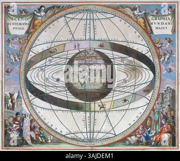 A chart showing the Ptolemaic cosmography with the Earth at the center, published in 1660 as part of Andreas Cellarius' Harmonia Macrocosmica, depicting the zodiac and solar system. Stock Photo