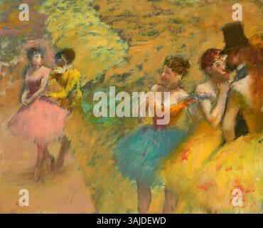 Edgar Degas’s *Danseuses (Les coulisses de l'Opéra)* (1886) captures dancers backstage at the Paris Opera. This oil on canvas showcases Degas’s mastery of movement and light, portraying the dancers in a candid, intimate moment, characteristic of his later works. Stock Photo