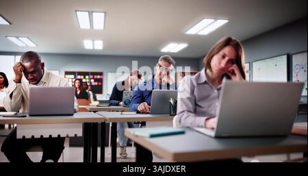 Group Of Sleepy Students Struggling Through Boring Lecture In Classroom. Possible Professions: College Students Stock Photo